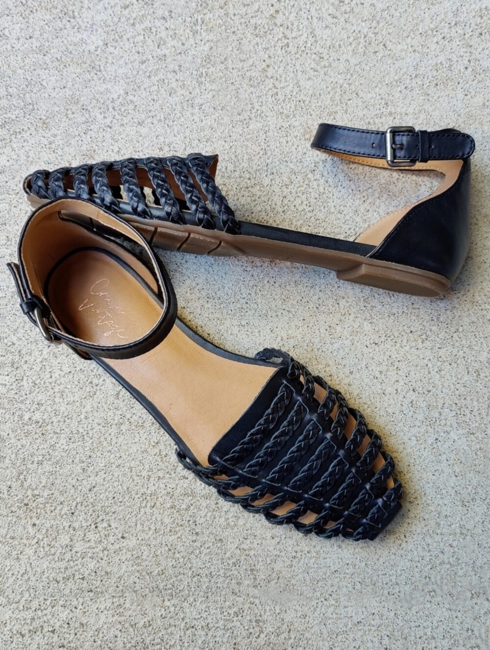 Crown Vintage Braided Black Leather Sandals Huarache Style Ankle Strap Womens 7